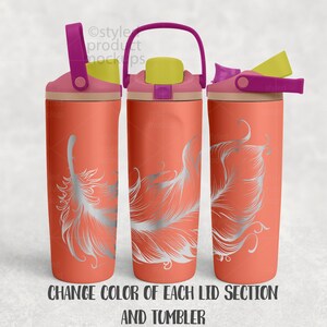 May include: Three coral-colored water bottles with silver feather designs. Each bottle has a different colored lid: pink, purple, and yellow. The text at the bottom reads "CHANGE COLOR OF EACH LID SECTION AND TUMBLER."