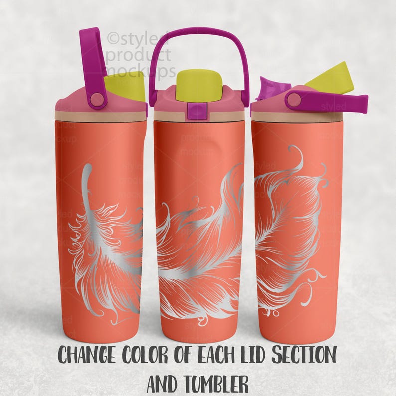 May include: Three coral-colored water bottles with silver feather designs. Each bottle has a different colored lid: pink, purple, and yellow. The text at the bottom reads "CHANGE COLOR OF EACH LID SECTION AND TUMBLER."