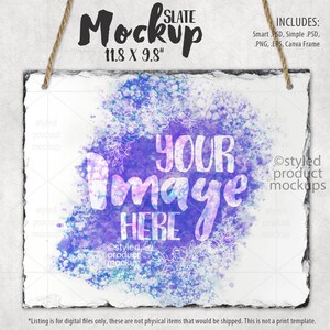 May include: A rectangular slate mockup, 11.8 x 9.8 inches, with a watercolor design in shades of blue and purple. The words "YOUR IMAGE HERE" are displayed in a handwritten font. The mockup includes digital files.
