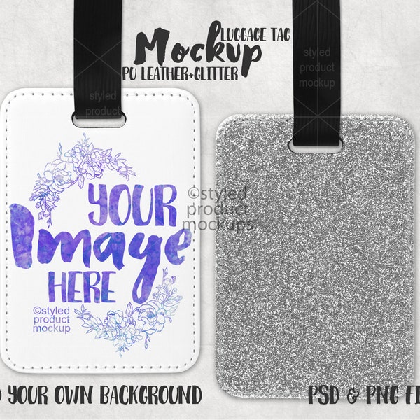 Dye sublimation PU leather rectangle luggage tag with glitter back mockup | Add your own image and background