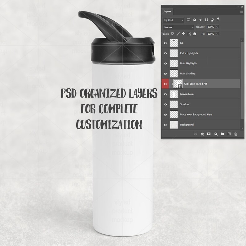 Może przedstawiać: Biała butelka na wodę z czarną pokrywką i otwieranym dzi&oacute;bkiem. Na butelce znajduje się czarny napis "PSD ORGANIZED LAYERS FOR COMPLETE CUSTOMIZATION". W tle widoczny jest interfejs cyfrowy z warstwami.