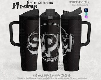 40oz Sip Tumbler with Handle Mockup – Full Wrap View for Laser Engraving