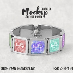May include: Silver bracelet with five square panels, each with a different watercolor-style design. The panels have a silver border and the text "YOUR IMAGE HERE" is printed on each panel.