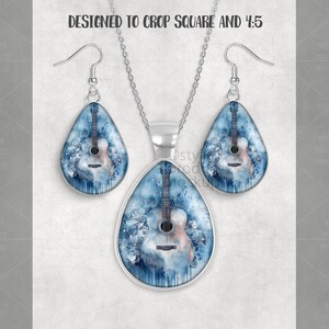 May include: A silver-toned jewelry set featuring a guitar design. The set includes a pendant necklace and matching teardrop earrings. The guitar image is set against a blue watercolor background with floral accents. The text "DESIGNED TO CROP SQUARE AND 4:5" is at the top.