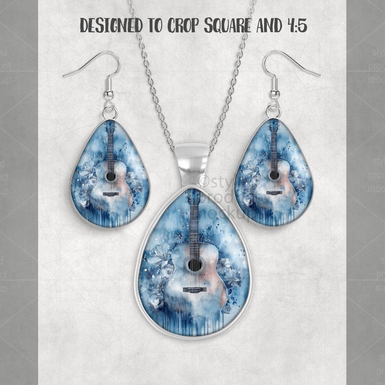 May include: A silver-toned jewelry set featuring a guitar design. The set includes a pendant necklace and matching teardrop earrings. The guitar image is set against a blue watercolor background with floral accents. The text "DESIGNED TO CROP SQUARE AND 4:5" is at the top.