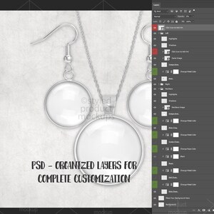 May include: A mockup image of a silver necklace and earrings set with a round pendant design. The text "PSD - ORGANISED LAYERS FOR COMPLETE CUSTOMISATION" is displayed in black. The background is a light grey textured surface.