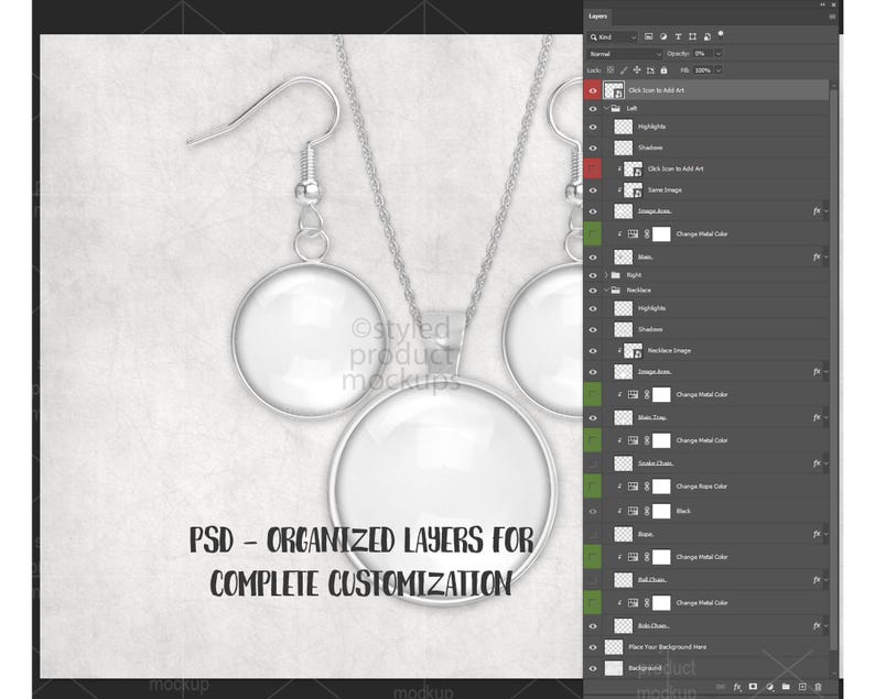 May include: A mockup image of a silver necklace and earrings set with a round pendant design. The text "PSD - ORGANISED LAYERS FOR COMPLETE CUSTOMISATION" is displayed in black. The background is a light grey textured surface.