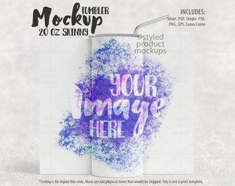 20oz Skinny Tumbler Mockup: Dye Sublimation Flat Wrap (PSD, Canva, PNG)
