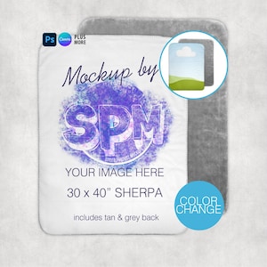 Peut inclure: Maquette de couverture sherpa blanche, 76 x 102 cm, avec un dos gris. La couverture pr&eacute;sente le texte "Mockup by SPM" et "YOUR IMAGE HERE". Un cercle bleu indique les options de changement de couleur.
