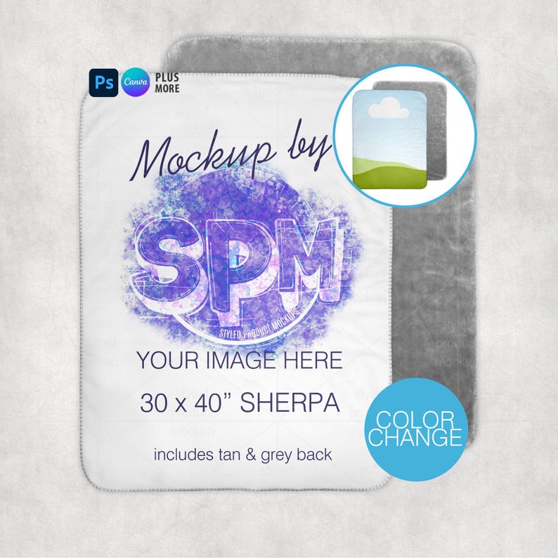 Peut inclure: Maquette de couverture sherpa blanche, 76 x 102 cm, avec un dos gris. La couverture pr&eacute;sente le texte "Mockup by SPM" et "YOUR IMAGE HERE". Un cercle bleu indique les options de changement de couleur.