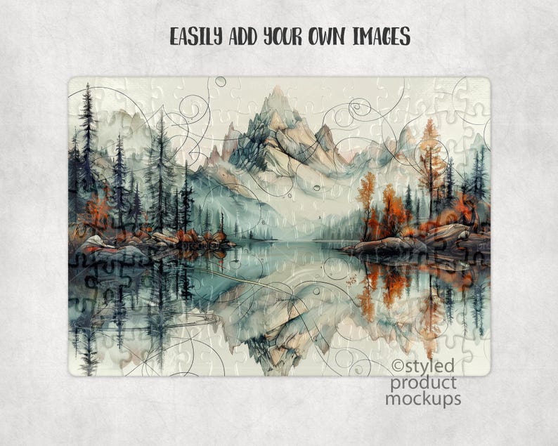 May include: A watercolor painting of a mountain lake scene with a reflection of the trees and mountains in the water. The painting is on a white background with a jigsaw puzzle pattern.