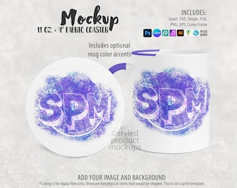 Dye sublimation round fabric coaster with 11 oz mug Mockup | 11oz Mug and Coaster Combo | Add your own image and background