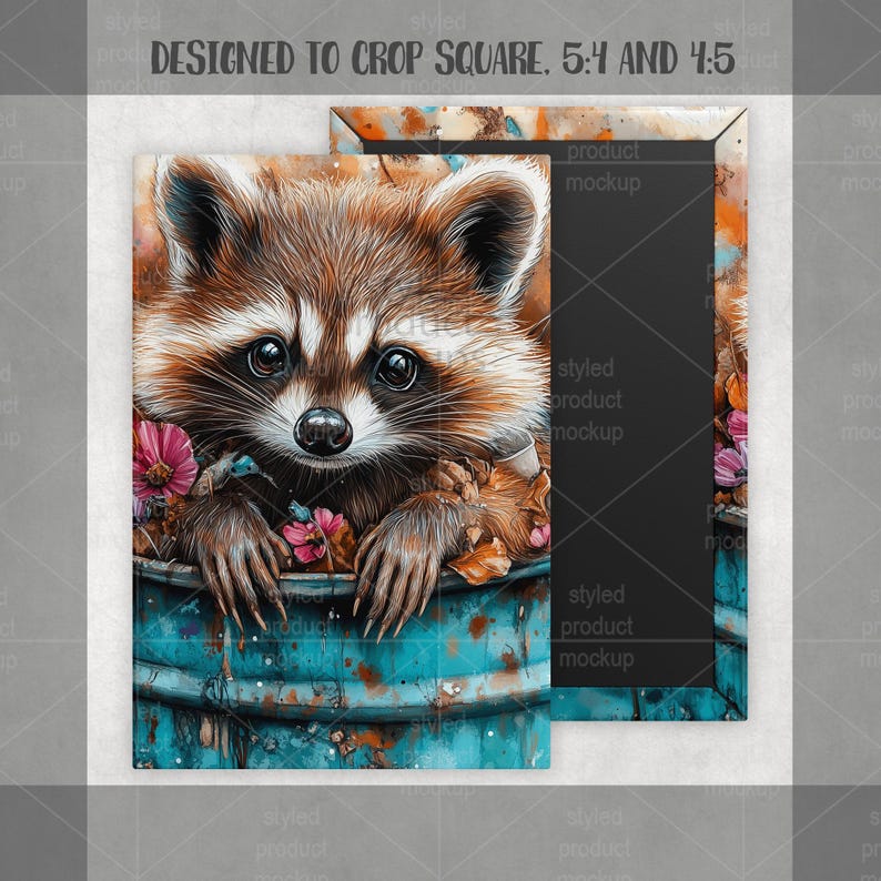 May include: A framed art print featuring a detailed illustration of a raccoon with brown and white fur, large black eyes, and pink flowers. The raccoon is in a blue barrel. The frame has a distressed, colorful design.