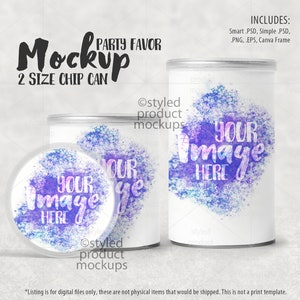 Puede incluir: Maqueta de dos tamaños de latas de patatas fritas con un diseño de acuarela. El diseño presenta una salpicadura de acuarela azul y púrpura con el texto "Tu imagen aquí".