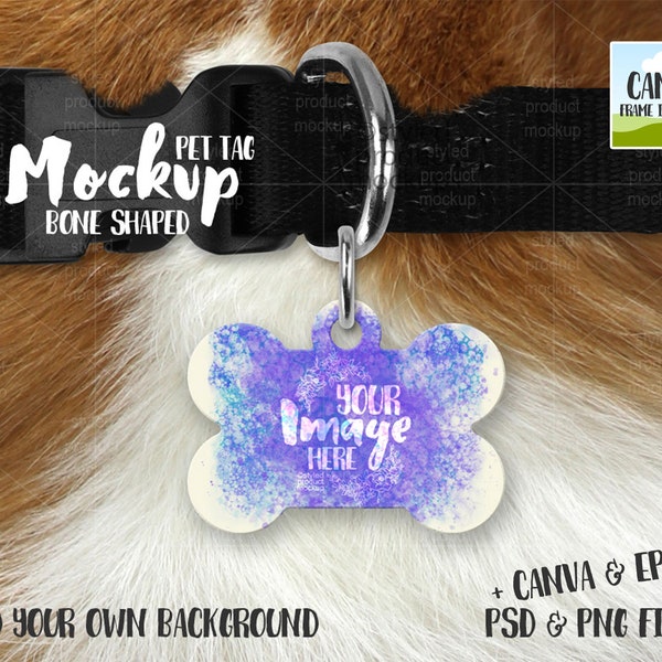 Bone shaped pet tag on a dog collar mockup template | Add your own image and background | Canva Frame Mockup