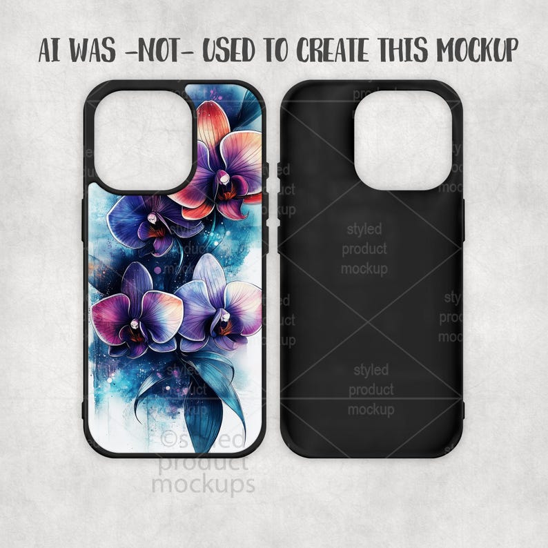 Peut inclure: Coque de t&eacute;l&eacute;phone noire avec un motif aquarelle d'orchid&eacute;es violettes et orange. La coque est pr&eacute;sent&eacute;e &agrave; c&ocirc;t&eacute; d'une coque de t&eacute;l&eacute;phone noire unie. Le texte "AI WAS -NOT- USED TO CREATE THIS MOCKUP" est en haut.