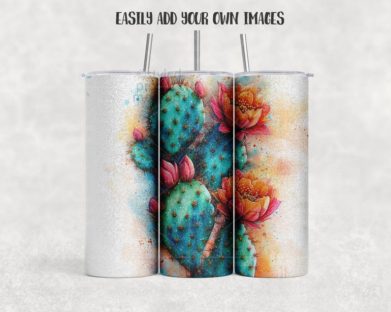 Peut inclure: Trois gobelets en acier inoxydable avec couvercles et pailles. Ils pr&eacute;sentent un motif aquarelle de cactus avec des coussinets vert-bleu et des fleurs roses et orange. Le texte "EASILY ADD YOUR OWN IMAGES" est en haut.