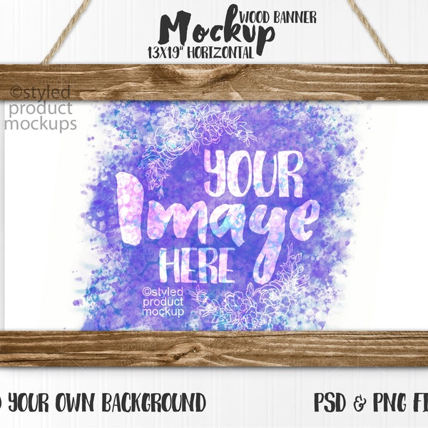 Wood slat hanger with 13x19 horizontal canvas mockup | Add your own image and background