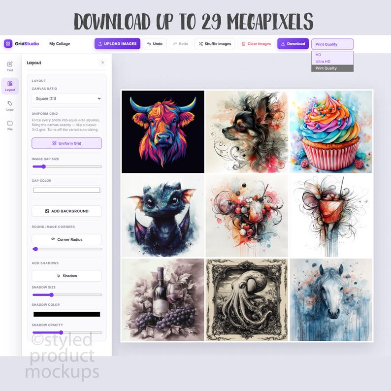 May include: A digital interface for a collage creation tool titled GridStudio, featuring a sidebar with layout controls and a central 3x3 grid displaying nine distinct artistic images including a colorful bull, a cupcake, and an octopus.