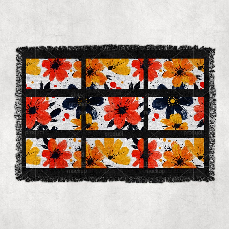 9 Panel Woven Blanket Mockup | Dye Sublimation Fringe Throw Blanket | PSD, Canva, PNG, EPS image 7