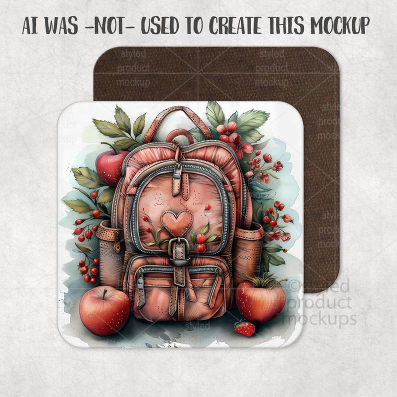 May include: Square coaster featuring a watercolor illustration of a pink backpack with a heart-shaped clasp, surrounded by apples, berries, and foliage. The coaster is placed on a brown leather-textured surface. The text "AI WAS -NOT- USED TO CREATE THIS MOCKUP" is at the top.