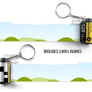 May include: Keychains featuring a film roll design with a landscape graphic. The film rolls are black and yellow, with text that reads "35mm Film for Color Prints" and "520 13 EXP". The keychains include a silver keyring. The text "INCLUDES CANVA FRAMES" is also present.