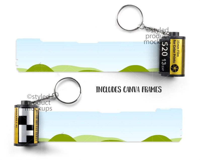 May include: Keychains featuring a film roll design with a landscape graphic. The film rolls are black and yellow, with text that reads "35mm Film for Color Prints" and "520 13 EXP". The keychains include a silver keyring. The text "INCLUDES CANVA FRAMES" is also present.