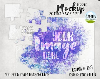 May include: A 20-piece puzzle mockup with a watercolor design in shades of purple and blue. The text "YOUR IMAGE HERE" is displayed in white. The puzzle measures 7.87 x 5.71 inches. Additional text includes "Mockup Puzzle" and "Add your own background."