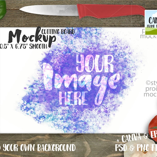 Dye sublimation 10.5 x 6.75 inch smooth finish cutting board Mockup | Add your own image and background | Canva frame mockup