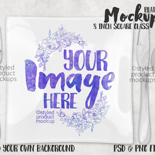 Dye sublimation glass 8 inch square plate mockup | Add your own image and background