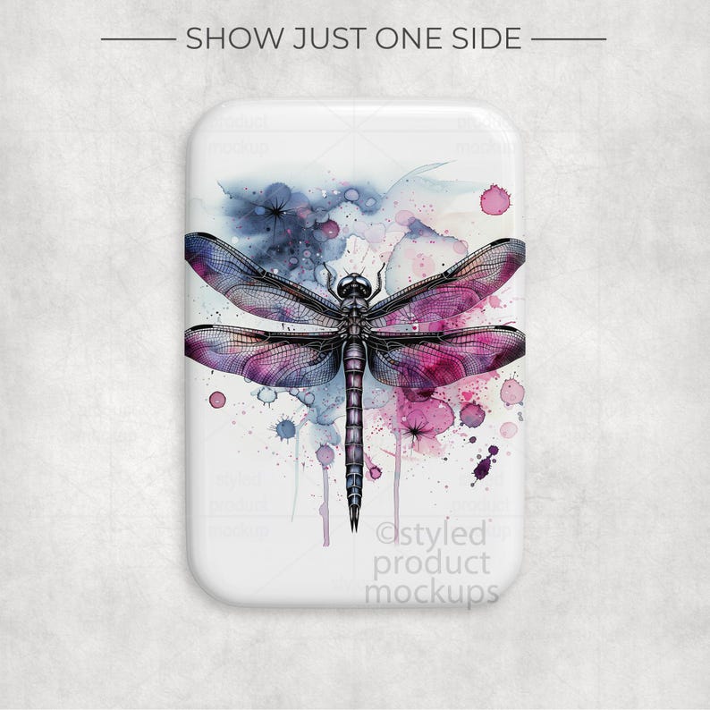 May include: A white rectangular product mockup featuring a watercolor dragonfly design. The dragonfly has purple and pink wings, with a dark body. The background has watercolor splatters in shades of blue, purple, and pink. Text at the top reads "SHOW JUST ONE SIDE".