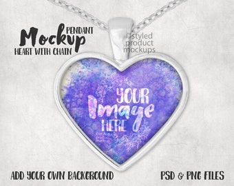 May include: A silver heart pendant necklace with a chain. The pendant features a purple and blue design with the text "YOUR IMAGE HERE". The words "Mockup HEART WITH CHAIN" are above the pendant.