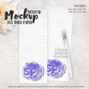 May include: A mockup of a notepad with the text "Mockup 3x8 inch paper". The notepad is white with a purple and blue design at the bottom. A clear pen rests on the notepad. The image includes the text "Includes: Smart .PSD, Simple .PSD, PNG, EPS, Canva Frame".