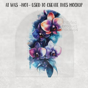 Op de afbeelding: Een aquarel-achtige illustratie van orchidee&euml;n in paarse, blauwe en rode tinten. De bloemen zijn verticaal gerangschikt, met de tekst "AI WAS -NOT- USED TO CREATE THIS MOCKUP" bovenaan. De afbeelding staat tegen een neutrale achtergrond.