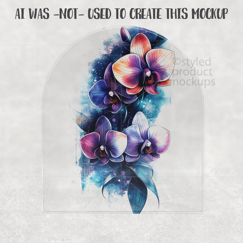Op de afbeelding: Een aquarel-achtige illustratie van orchidee&euml;n in paarse, blauwe en rode tinten. De bloemen zijn verticaal gerangschikt, met de tekst "AI WAS -NOT- USED TO CREATE THIS MOCKUP" bovenaan. De afbeelding staat tegen een neutrale achtergrond.