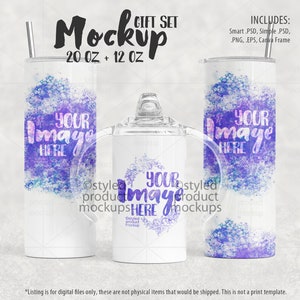 Dye sublimation 20oz skinny and 12oz sippy tumbler set Mockup | Add your own image and background