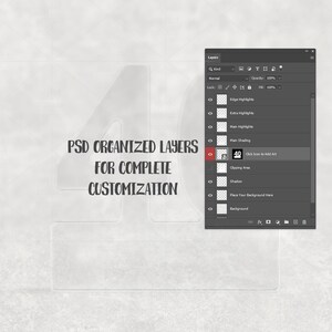 Może przedstawiać: Cyfrowy szablon projektu z tekstem "PSD ORGANIZED LAYERS FOR COMPLETE CUSTOMIZATION" w stylizowanej czcionce. Widoczny panel Warstwy, pokazujący r&oacute;żne edytowalne elementy. Tło jest jasnoszare i teksturowane.