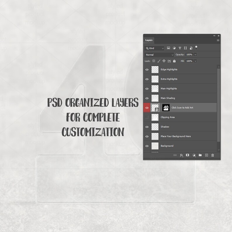 Może przedstawiać: Cyfrowy szablon projektu z tekstem "PSD ORGANIZED LAYERS FOR COMPLETE CUSTOMIZATION" w stylizowanej czcionce. Widoczny panel Warstwy, pokazujący r&oacute;żne edytowalne elementy. Tło jest jasnoszare i teksturowane.