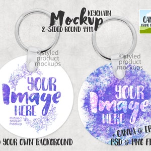 Dye sublimation double sided round aluminum keychain Mockup | Add your own image and background | Canva frame mockup