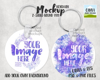 Dye sublimation double sided round aluminum keychain Mockup | Add your own image and background | Canva frame mockup