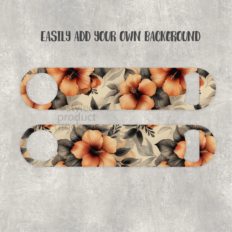 May include: Two bottle openers with a floral design. The design features orange hibiscus flowers and gray leaves on a cream background. The text "EASILY ADD YOUR OWN BACKGROUND" is at the top.