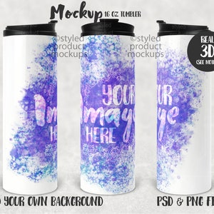 Dye sublimation 16 oz tall skinny tumbler full wrap view Mockup | Add your own image and background