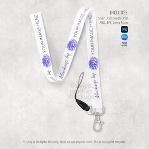 May include: White lanyard with the text "YOUR IMAGE HERE" and a purple floral design. The lanyard includes a black cord and a silver-colored metal clasp. The image also includes text that says "Mockup by" and "Styled Product Mockups".