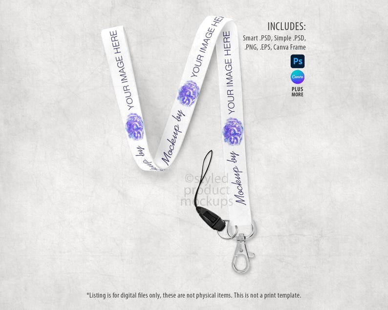 May include: White lanyard with the text "YOUR IMAGE HERE" and a purple floral design. The lanyard includes a black cord and a silver-colored metal clasp. The image also includes text that says "Mockup by" and "Styled Product Mockups".