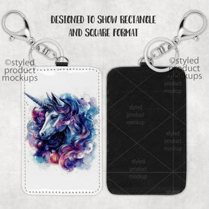 May include: A white leather keychain with a colorful unicorn illustration and the text "Ostyled product mockups". The keychain is attached to a silver metal key ring. A black leather keychain with the text "Ostyled product mockups" is also shown.