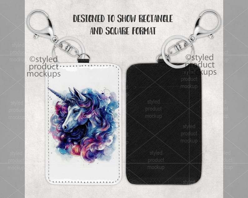 May include: A white leather keychain with a colorful unicorn illustration and the text "Ostyled product mockups". The keychain is attached to a silver metal key ring. A black leather keychain with the text "Ostyled product mockups" is also shown.