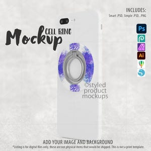 Può includere: Mockup di telefono bianco con un anello per cellulare con anello argentato e design blu e viola. La parola "Mockup" è scritta in corsivo nero. L'immagine include il testo "ADD YOUR IMAGE AND BACKGROUND".