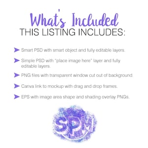 Może przedstawiać: Białe tło z fioletowym tekstem &bdquo;Co jest zawarte&rdquo;. Tekst wymienia zawartość oferty, w tym Smart PSD, Simple PSD, pliki PNG, link Canva i pliki EPS. Fioletowo-niebieskie logo znajduje się na dole.