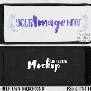 Puede incluir: Un enfriador de latas blanco con un diseño floral y el texto "YOUR Image HERE" en morado y azul. El enfriador es negro en la parte posterior con el texto "Mockup CAN HUGGER" en blanco.