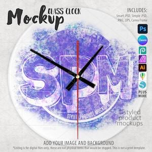 May include: A white glass clock mockup with a purple watercolour design and the text "SPM" in the centre. The clock hands are black and red. The text "Styled Product Mockups" is visible at the bottom of the clock.